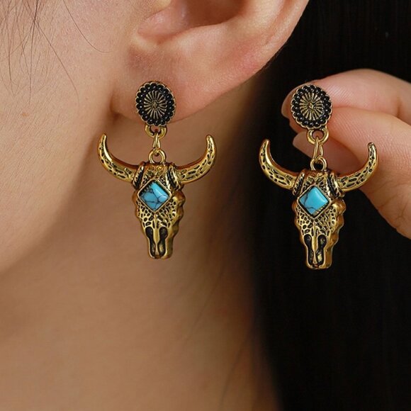 Gold Tone Bull Head Earrings with Turquoise Accent - Picture 1 of 3